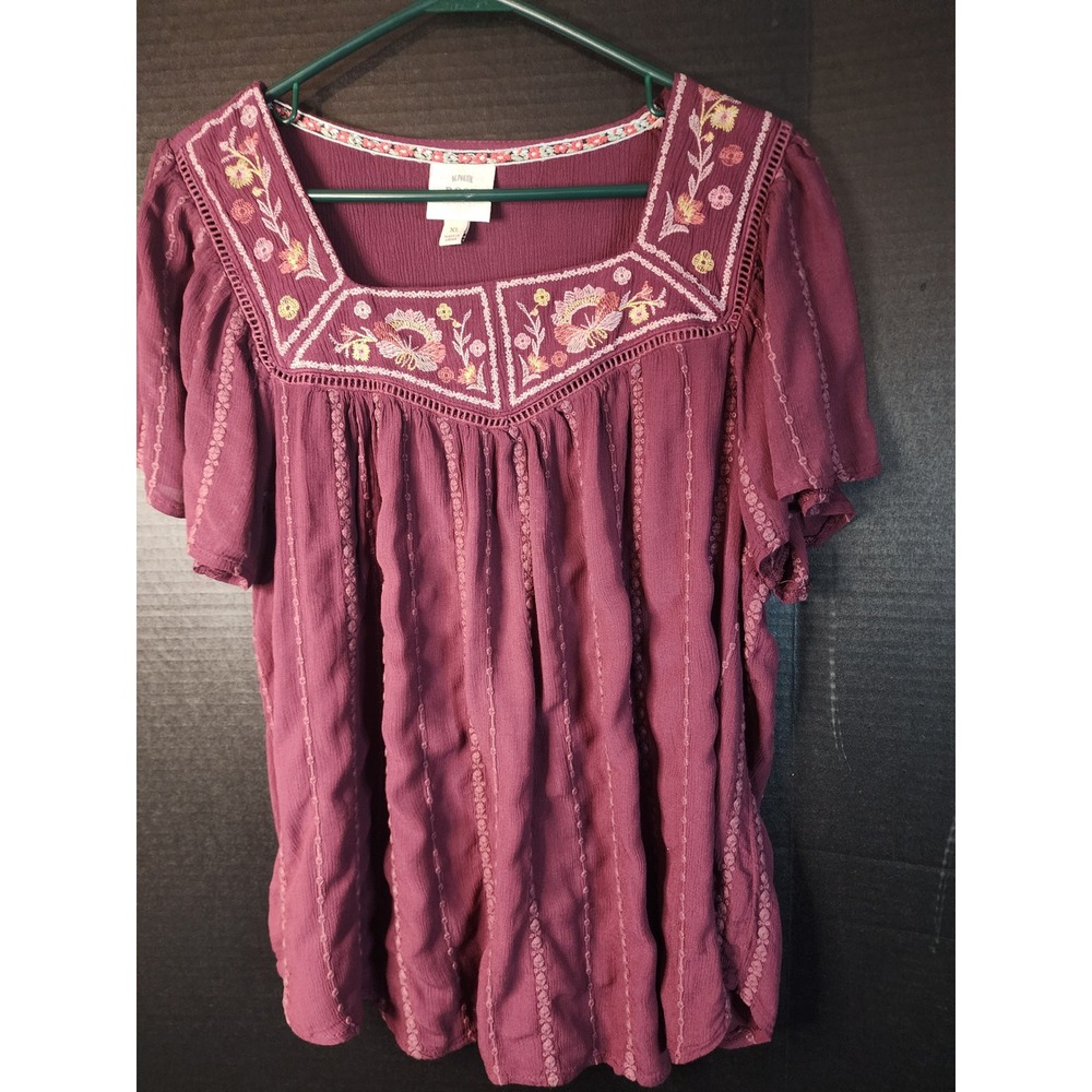 Knox Rose Burgundy Embroidered Boho Square Neck Peasant Blouse XL